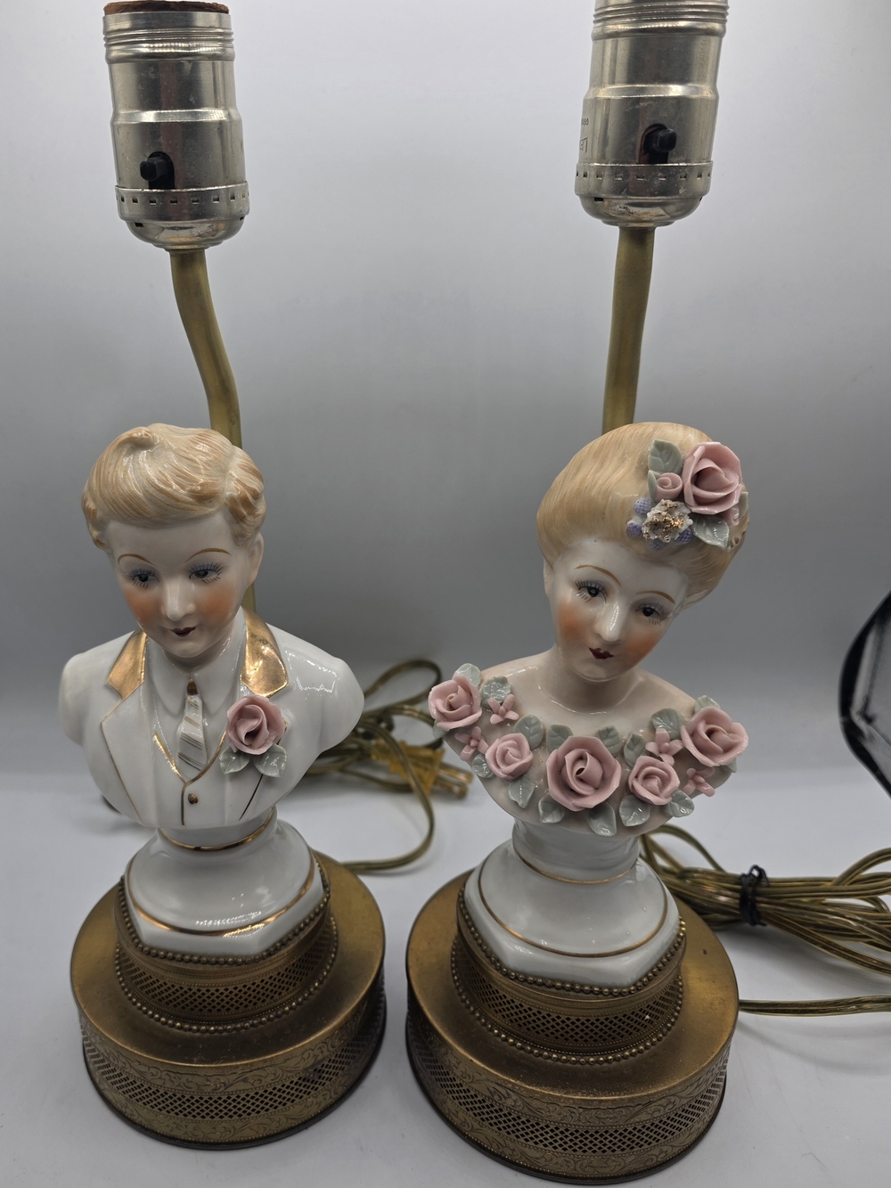 Vintage Porcelain Figural Bust Lamps with Pink Rose Accents